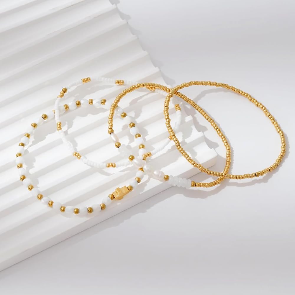 Bohxantium Gold Pearl Crystal Cross Bracelet for Women 14K Gold Plated Beads Pearl White Crystal Beaded Bracelet Stack Stretch Stackable Non Tarnish Trendy Jewelry Friendship Christian Gift for Women