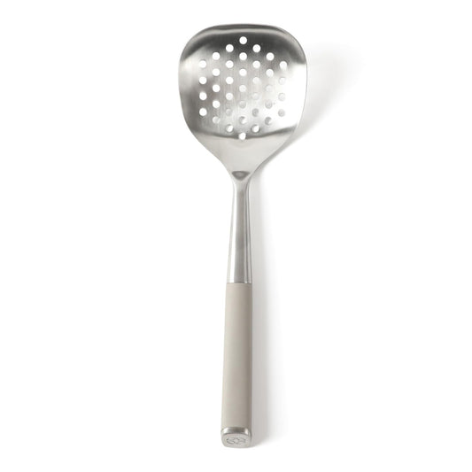 Calphalon Edge Stainless Steel Slotted Spoon/Skimmer with Taupe Handle, Slotted Cooking Tool for Draining and Skimming, Heat-Resistant, Durable Kitchen Utensil for Everyday Use