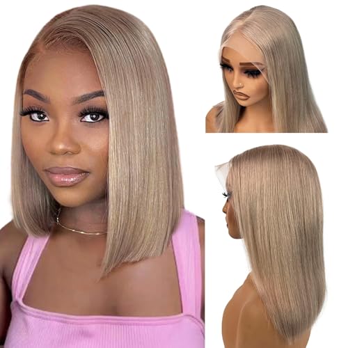 Ash Blonde Bob 13x6 HD Lace Front Wigs Human Hair 180% Density Blonde Bob Wig Human Hair Deep Part 14 Inch Silky Straight Ash Blond Wig for Black Women Pre Plucked Hairline