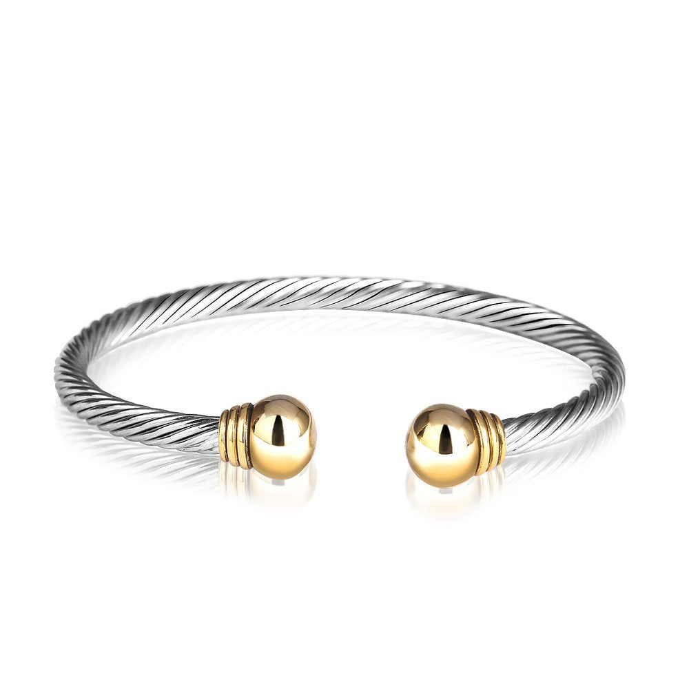 UNY Jewelry European American Fashion Classic Signature Twisted Cables Style Luxury insired Rhodium 2 Tone Plated Cuff Bracelet Bangle Design (Gold)