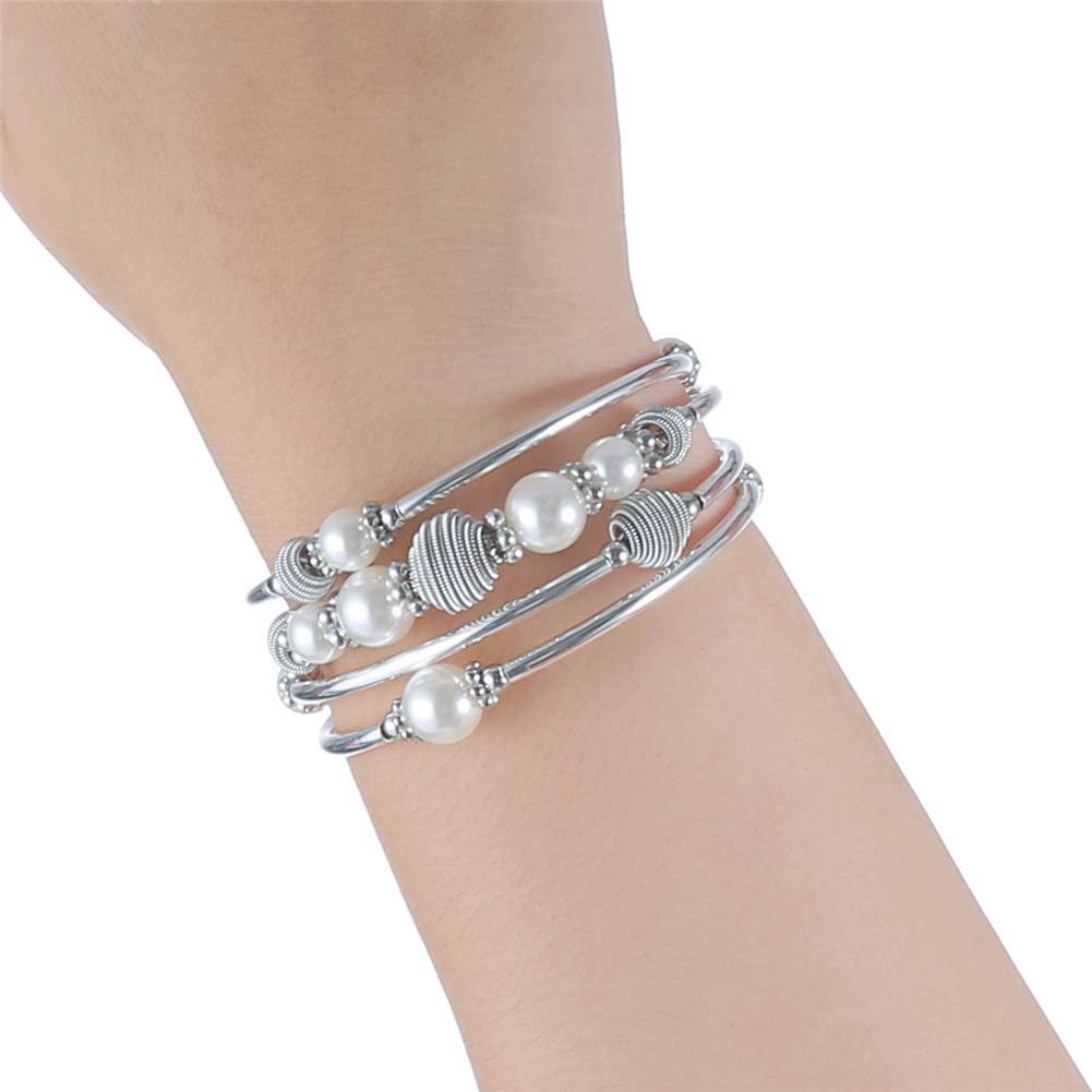 Beaded Chakra Bangle Turquoise Bracelet - Fashion Jewelry Wrap Bracelet with Thick Silver Metal and Mala Beads, Birthday Gifts For Women(White Pearl)