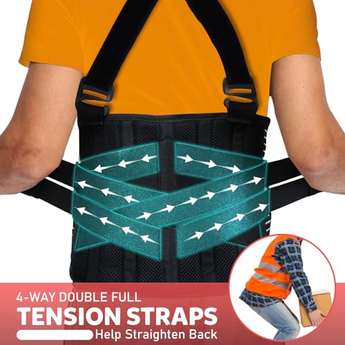 Plus Size 2XL/3XL Work Back Brace with 2 Removable Suspender Straps, Back Posture Corrector for Heavy Lifting Safety Protector, Back Support Belt for Men Women in Construction, Warehouse Jobs