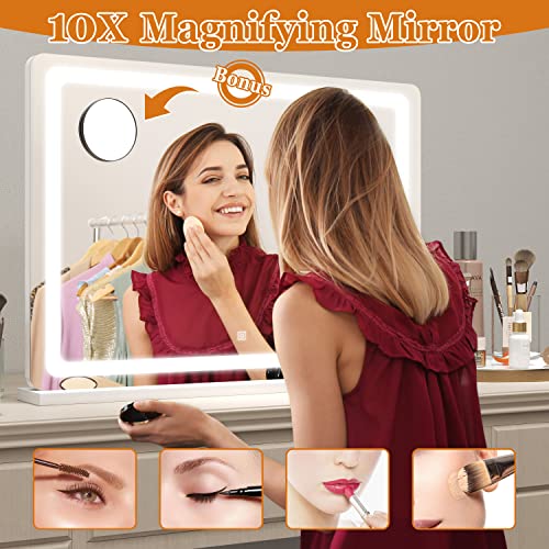 HNV Vanity Mirror with Lights 31"x21" Large Lighted Makeup Mirror, 3-Color Dimmable LED, Touch Screen, USB Charging, Tabletop & Wall Mount (White)
