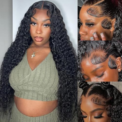 13x6 Deep Wave Lace Front Wigs Human Hair 180% Density Curly Glueless Wigs Wet and Wavy Wigs Pre Plucked for Women 20 Inch