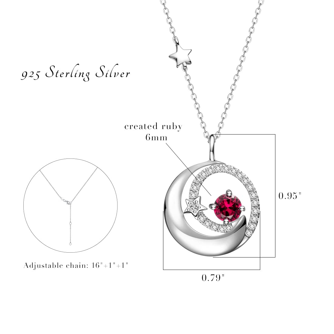 FANCIME Ruby Necklace 925 Sterling Silver July Birthstone Moon Star Pendant Red Created Gemstone Fine Jewelry Birthday Anniversary Mothers Day Gifts for Women Mom Daughter, Adjustable Chain 16"+2"