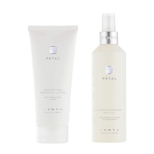 Zents Body Lotion and Cashmere Oil Set (Petal), Anti-Aging Probiotic Lotion, Soften and Moisturize Skin with Organic Coconut Oil, Moisturize and Nourish Dry Skin, Powerful Healing Duo