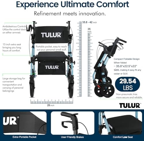 All Terrain Walker Wheelchair Combo,Rollator Walker with Seat for Seniors with Footrest,Transport-Wheelchair Combo,2 in 1 Rolling Walker Chair with Wide Backrest by Tulur (Blue)-New