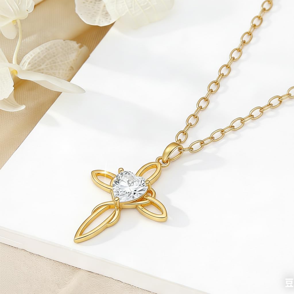 POIUY Celtic Knot Cross Birthstone Necklace for Women Irish Infinity 14K Gold Heart Pendant Cross Jewelry Anniversary Valentines Birthday Mothers Day Gifts for Mom Wife Her