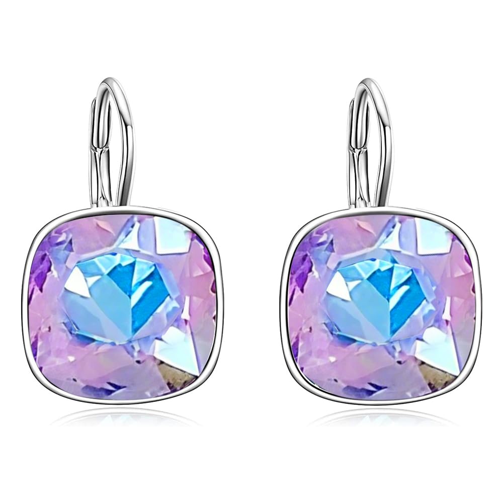AOBOCO Sterling Silver Leverback Earrings Embellished with Crystals from Austria, Hypoallergenic Cushion Cut Square Crystal Earrings, Fine Anniversary Birthday Jewelry Gifts for Women (Fantasy Blue Purle-10mm)