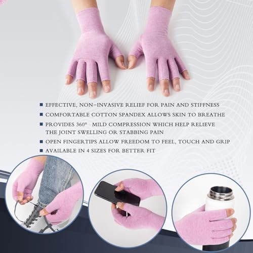 2 Pairs Arthritis Compression Gloves for Women Men, Fingerless Breathable & Moisture Wicking Compression Gloves for Relieving Carpal Tunnel Aches, Rheumatoid Pains, Joint Swell Purple L