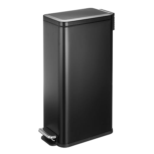 mDesign Slim Metal Rectangle 7.9 Gallon Trash Can with Step Pedal, Easy-Close Lid, Removable Liner - Narrow Wastebasket Garbage Container Bin for Bathroom, Bedroom, Kitchen, Office - Black