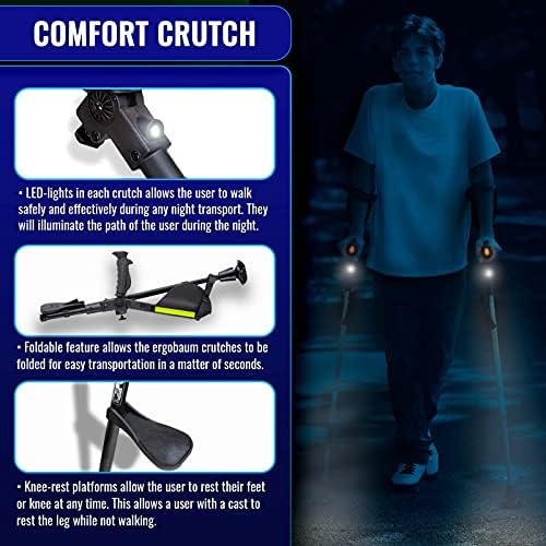Ergobaum 7G by Ergoactives. 1 Pair (2 Units) of Ergonomic Forearm Crutches - Adult 5' - 6'6'' Adjustable, Foldable, Ergonomic, Shock Absorber, Non-Slip, Knee-Rest Platforms, LED Lights (Aqua Blue)