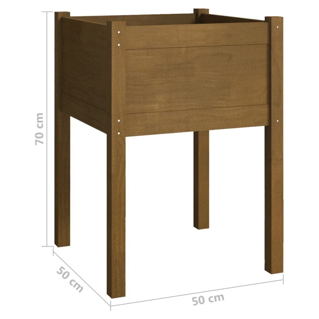 Large Square Wooden Planter Box for Outdoor Garden, Sturdy Solid Pinewood with Honey Brown Stain, 19.7x19.7x27.6 Inch Raised Planter for Patio, Balcony, Terrace, Decorative Plant Stand for Greenery