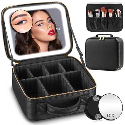 Makeup Bag with Mirror and Light 3 Colors, Travel Make up Bag with Mirror Portable Lighted Makeup Case Organizer Cosmetic Case with 2-Layers Adjustable Dividers & 10X Magnifying Mirror(Black)