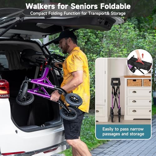 Walkers for Seniors, Rollator Walker with Seat, 8" Rubber Wheels All Terrain Rollator Walker with Backrest, Aluminum Walkers Built-in Cable, Foldable and Adjustable Height for Seniors, Purple
