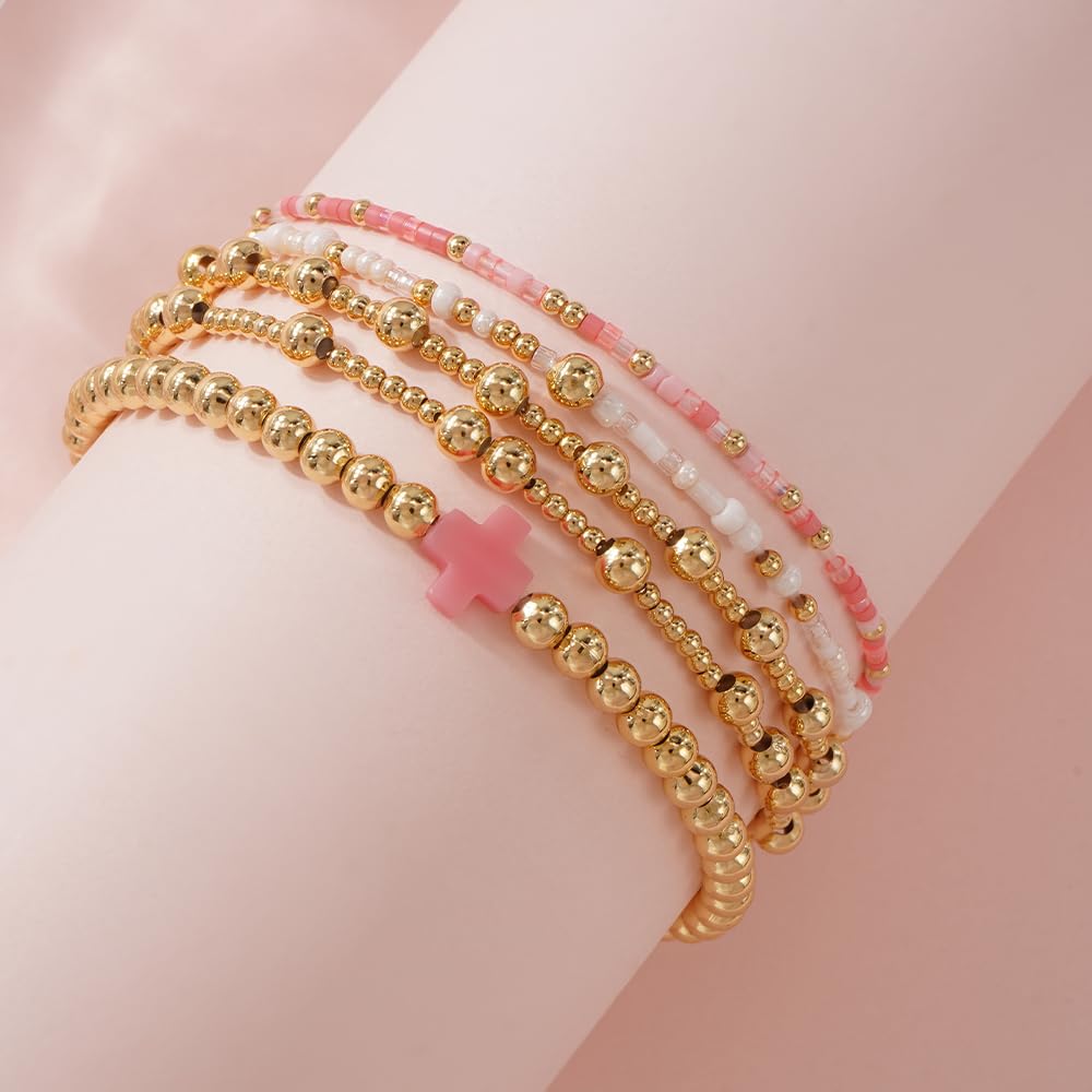 Cross Gold Beaded Bracelet Stack for Women,Dainty Bohemian Stretch Pink Seed Beads Stackable Bracelets Set Fashion Party Holiday Birthday Accessories Jewelry Gift Friendship
