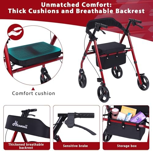 Walker for Seniors, Lightweight Rollator Walker with seat, Foldable Rolling Walker with 8 inch All Terrain Rubber Wheels, Ergonomic Adjustable Handles and Backrest for Seniors and Adult.