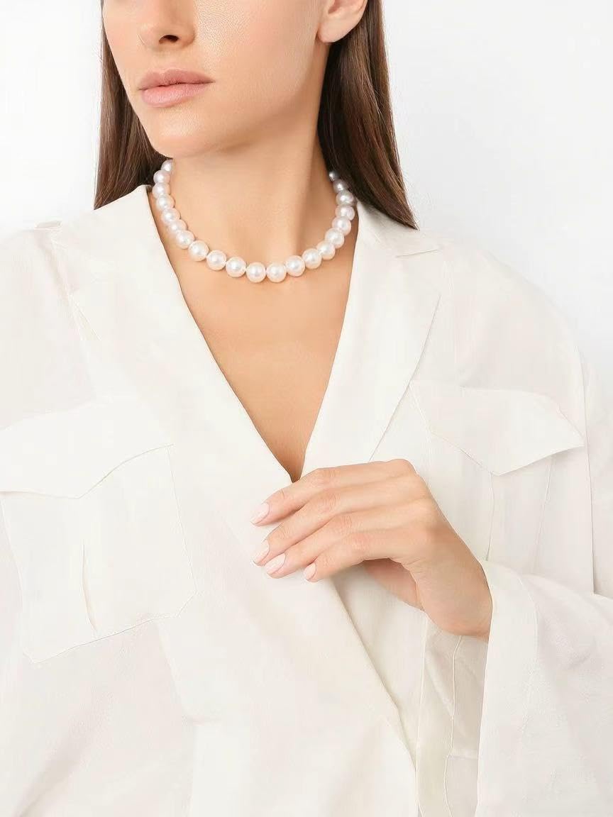 HUWODY Round White Simulated Shell Pearl Necklace Strand Pearl Choker Necklace Jewelry for Women 12mm 16inch