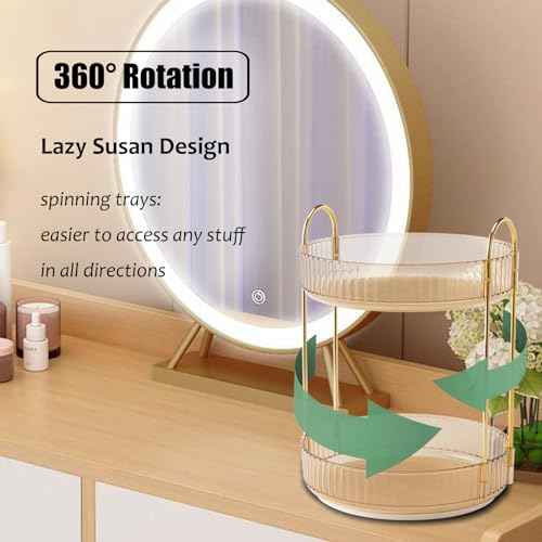 Rotating Makeup Organizer Countertop 2 Tier Lazy Susan Trays Clear Skincare Perfume Storage for Bathroom Counter Vanity, Amber Gold