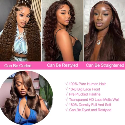 Chocolate Brown Body Wave Wig 22 inch Brazilian Hair 13x6 Body Wave Lace Front Wigs 100% Unprocessed Virgin Hair Chocolate Brown Human Hair Wig with Baby Hair for Women