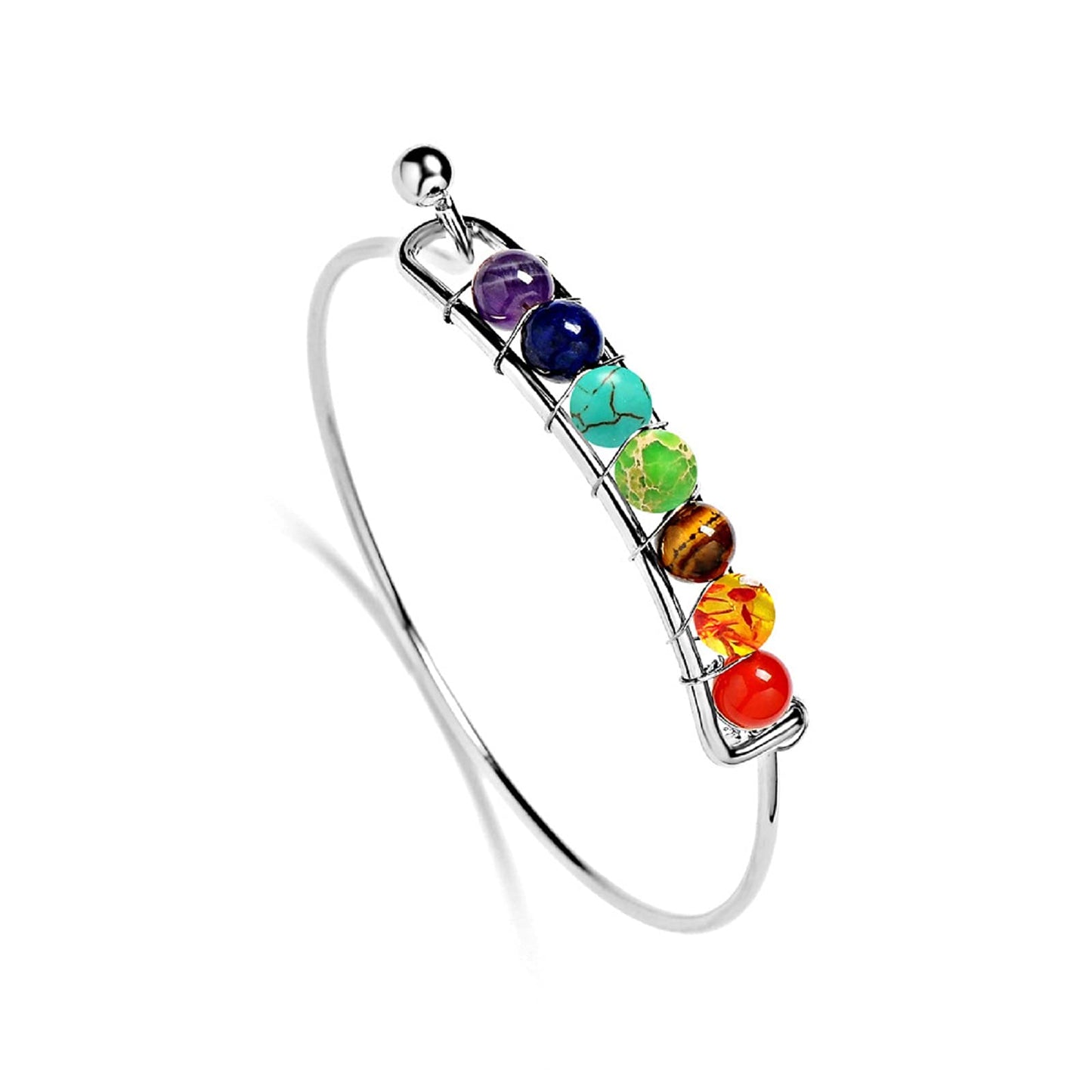 COLORFUL BLING 7 Chakra Yoga Meditation Bracelet Adjustable Healing 6mm Crystal Stone Bead Cuff Bracelets Gifts for Women-A Silver