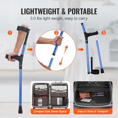 VEVOR Forearm Crutches for Adults, 11-Level Height Adjustable Walking Crutches with 4-Level Upper Cuff, Lightweight Aluminum Medical Support Crutches for Leg Injury Surgery Disabled, 1 Pair (350LBS)
