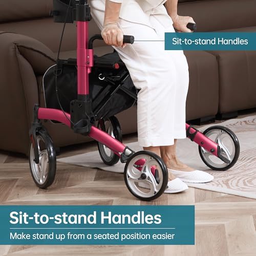 ELENKER Upright Rollator Walker, Stand Up Rolling Walker, Mobility Walking Aid with 10” Front Wheels, Seat and Armrest for Seniors and Adults, Red