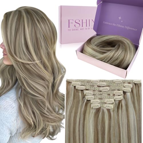 Fshine Hair Extensions Clip in Highlighted Light Brown Mixed with Platinum Blonde Clip in Hair Extensions Remy Human Hair 16 Inch Double Weft Clip in Real Hair Extensions 120g 7pcs