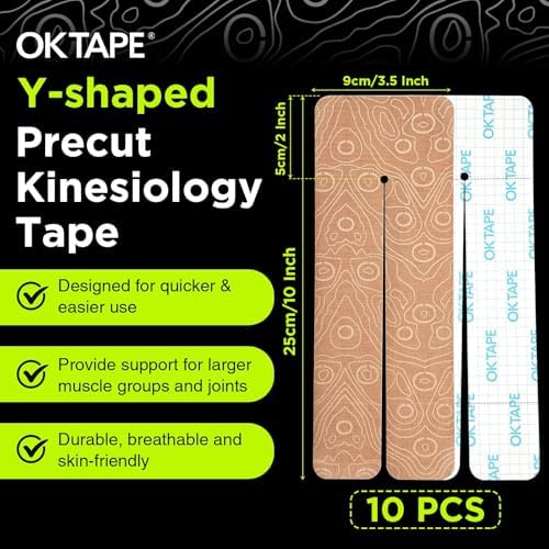 OK TAPE Precut Y-Shape Kinesiology Tape for Shoulder, Knee, Back, 10 Pcs, K Tape Strips, Provide Support & Relieve Discomfort, Water-Resistant Elastic Athletic Tape (3.5" x 10", Beige)