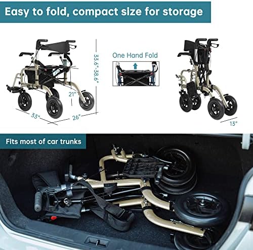 ELENKER All-Terrain 2 in 1 Rollator Walker & Transport Chair, Folding Wheelchair with All 10” Wheels for Seniors, Reversible Backrest & Detachable Footrests, Champagne