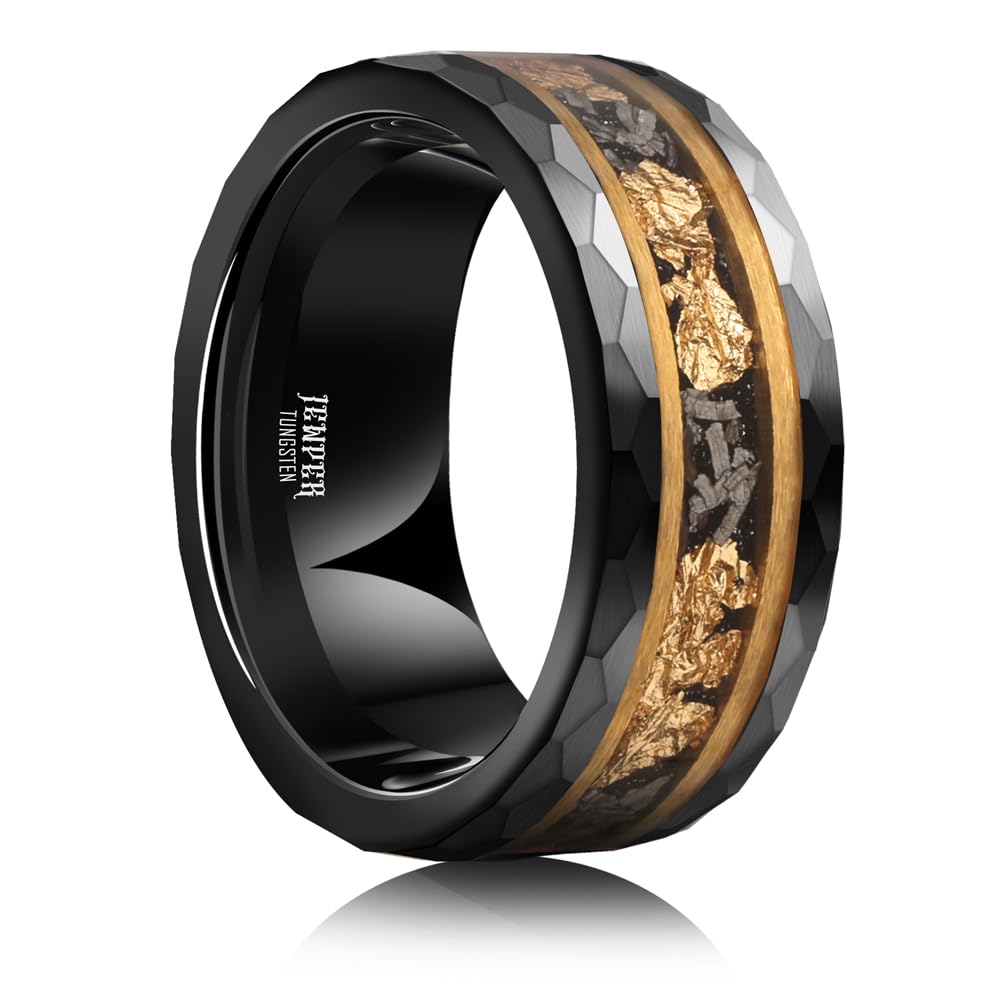 JEWPER 8mm Men Womens Wedding Band Tungsten Rings Gold Black Hammer pattern Fashion Promise Carbide Inlaid Gold Leaf Iron Filings Matte Finish Edge Comfort Fit size(11)