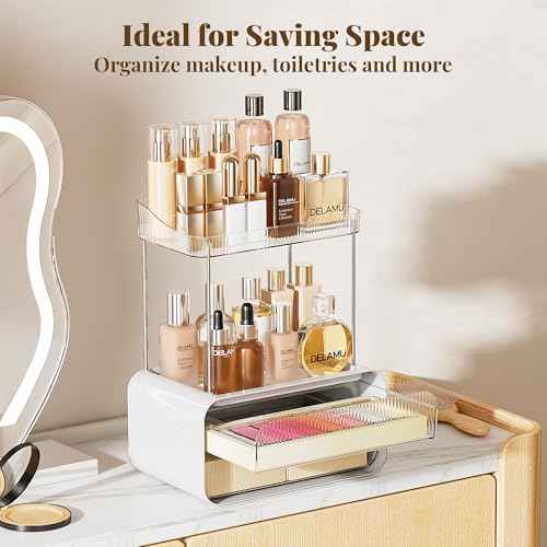 Delamu Bathroom Counter Organizer 2-Drawers 2-Tier Acrylic Makeup Organizer for Vanity Countertop, Skincare Perfume Storage, Easy Assembly, Ideal Gift for Women, Bath Linen Sets, Clear