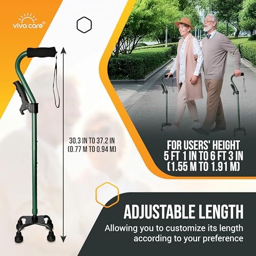 Walking Cane with 4 Prongs and Extra Side Handle – Adjustable, for Balance & Stability for Adults, Seniors, and Injured.