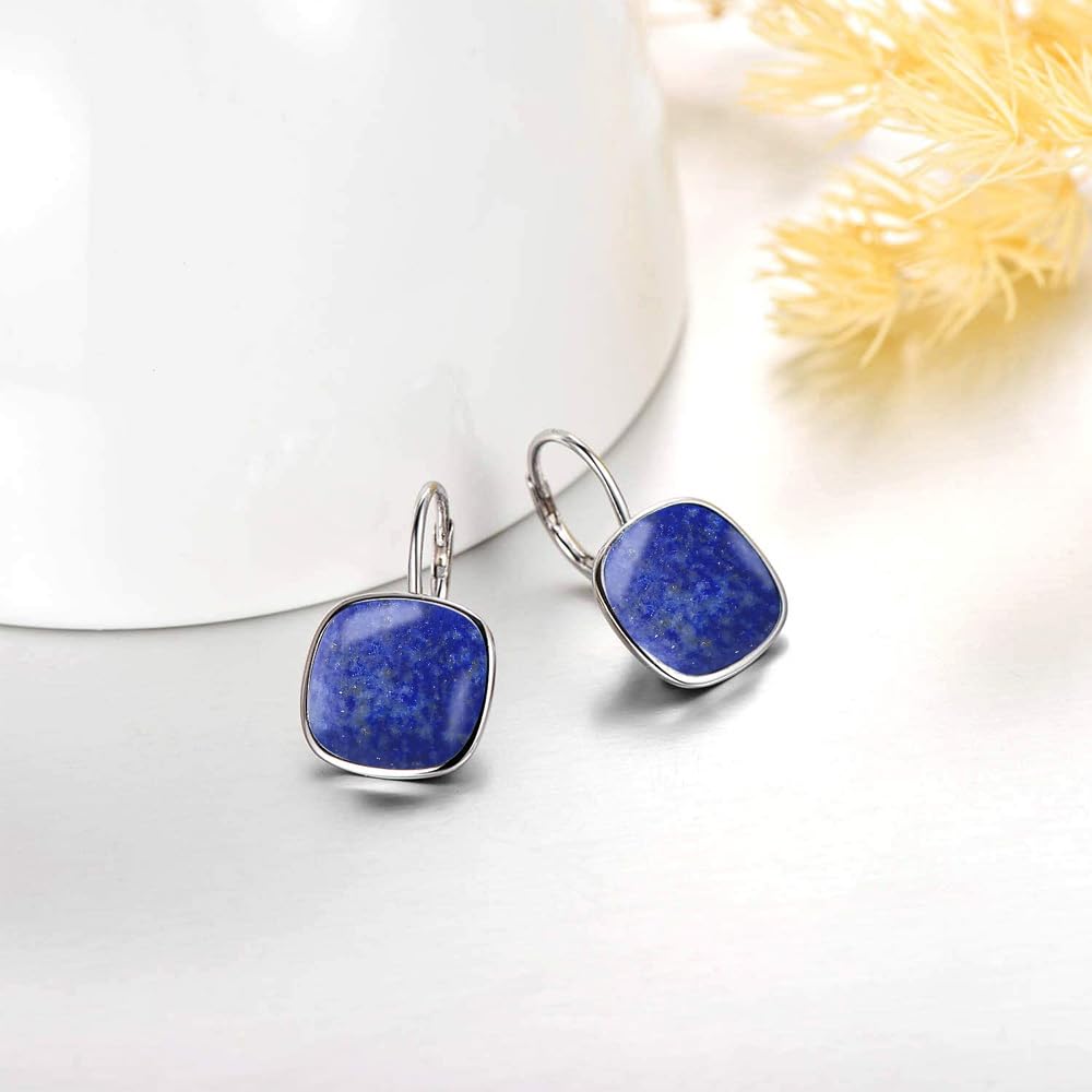 AOBOCO Sterling Silver Leverback Earrings Embellished with Crystals from Austria, Hypoallergenic Cushion Cut Square Crystal Earrings, Fine Anniversary Birthday Jewelry Gifts for Women (lapis)