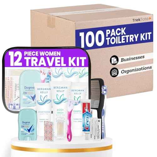 Trektote Travel Toiletry Kit For Women ? (100 Pack) 12 Piece Set Of Travel Size Toiletries, TSA Compliant, Travel Essentials, Includes Shampoo And Conditioner, Body Wash, Toiletry Bag & More