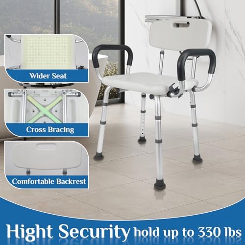 Shower Chair Seat with Arms and Back, Padded Handicap Shower Chair for Inside Shower, Adjustable Heavy Duty Shower Bench for Adults, Elderly and Disabled, Tool (Upgrade Shower Chair)