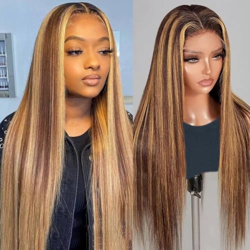 Honey Blonde Ombre Lace Front Wig Human Hair 13x6 HD Transparent Straight Lace Front Wigs Pre Plucked 200% Density 4/27 Colored Human Hair Wig for Women 24 Inch