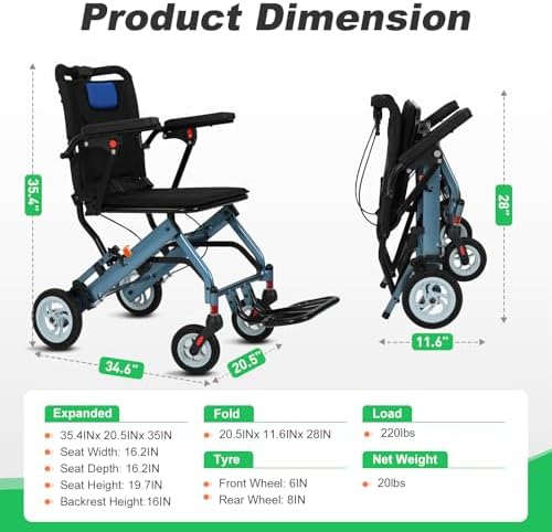 Ultra Lightweight Wheelchairs for Adults 20lbs - Foldable Transport Chair with 8" Honeycomb Tires & Detachable Cushion, 220lbs Capacity - Elderly Wheelchair for Travel, Hospital, Home Use (Blue)