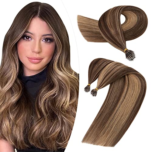 Hairro Nano Ring Hair Extensions Keratin Nano Bead Human Hair Pre Bonded Cold Fushion Highlight Microlink I Tip Hair Extensions For Women 22inch 50g/PACK 50 Strands #4P27 Medium Brown Mix Dark Blonde