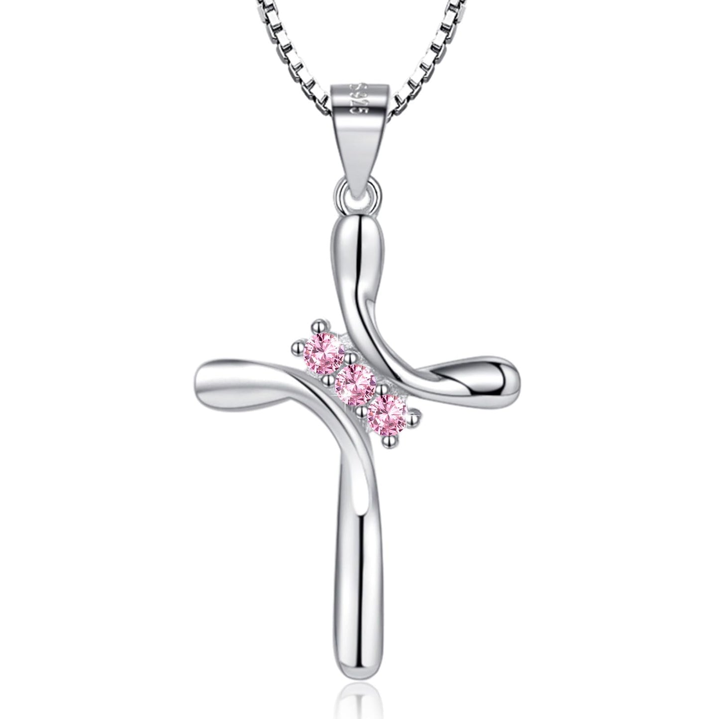 EVERU S925 Sterling Silver Cross Necklace for Women Birthstone Necklace with Cubic Zirconia 18K Gold Plated Cross Pendant Jewelry Ideal Gift Pink Tourmaline October