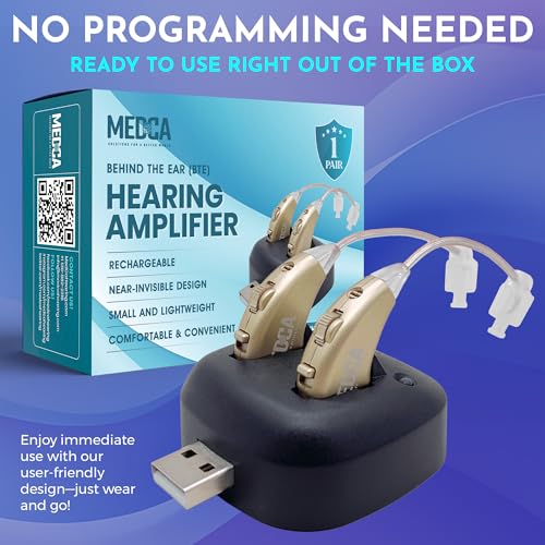 Digital Hearing Amplifiers - Rechargeable BTE Personal Sound Amplifier Pair with USB Dock - Premium Gold Behind The Ear Sound Amplification - by NewEar