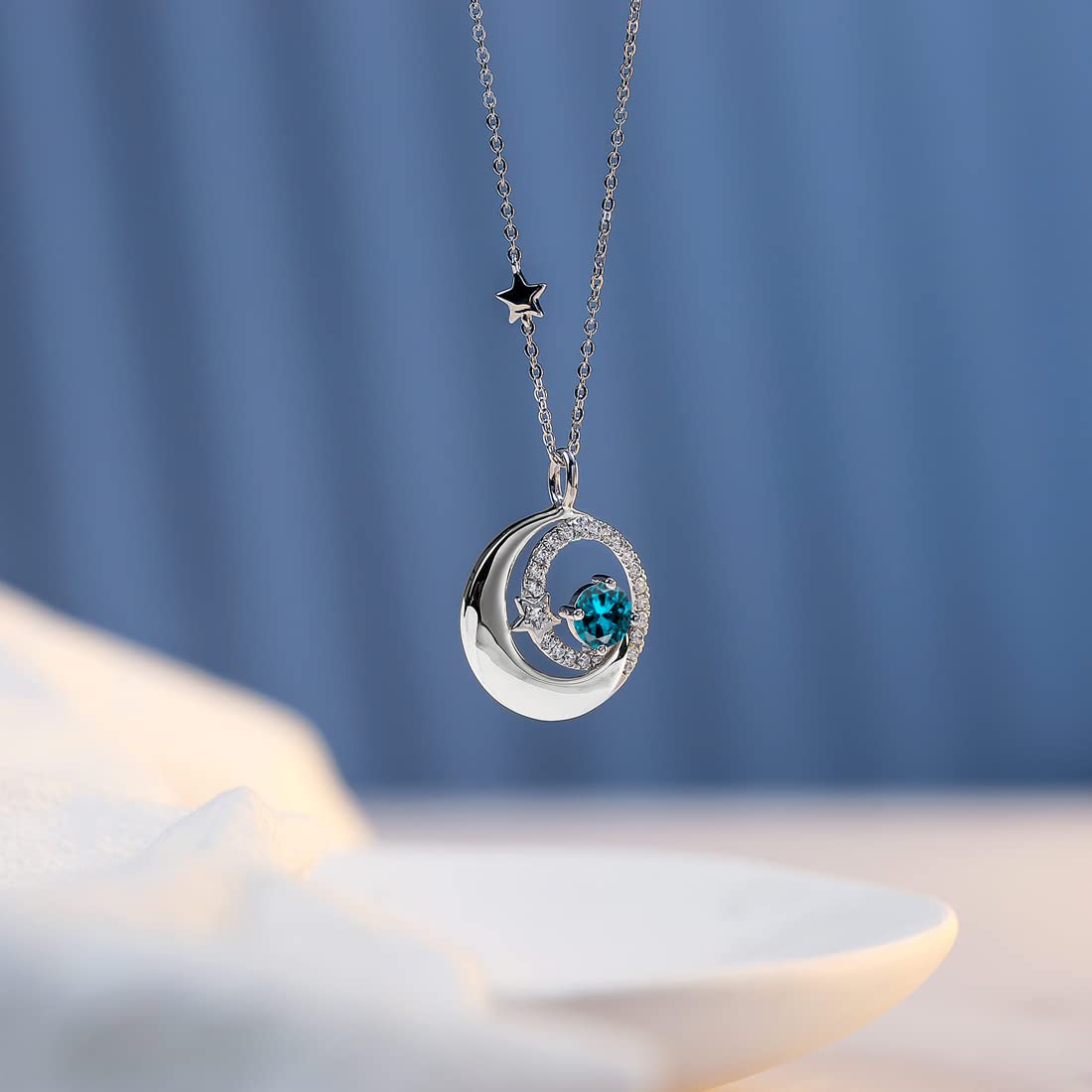 FANCIME London Blue Topaz Necklace with 925 Sterling Silver Moon Star Pendant, November December Birthstone Jewelry Birthday Anniversary Mothers Day Gifts for Women Mom Her, Adjustable Chain 16"+2"