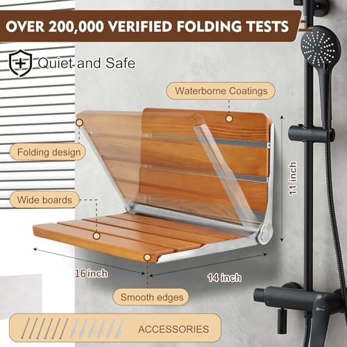 16" Teak Folding Shower Seat Wall Mounted, Foldable Shower Bench, 400lbs Max Load, Space-Saving Fold Down Design for Seniors, Elderly & Small Shower Spaces