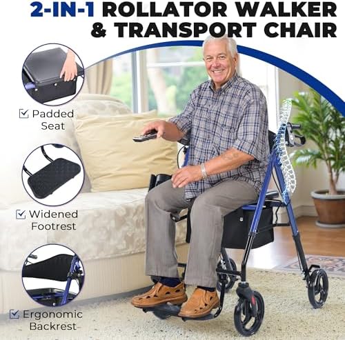Metro Mobility 2 in 1 Rollator Walker & Transport Wheelchair, Foldable Lightweight Rollator Walker with Seat for Seniors, 8" Big Wheels for All Terrain, 300 lb. Weight Capacity, Blue