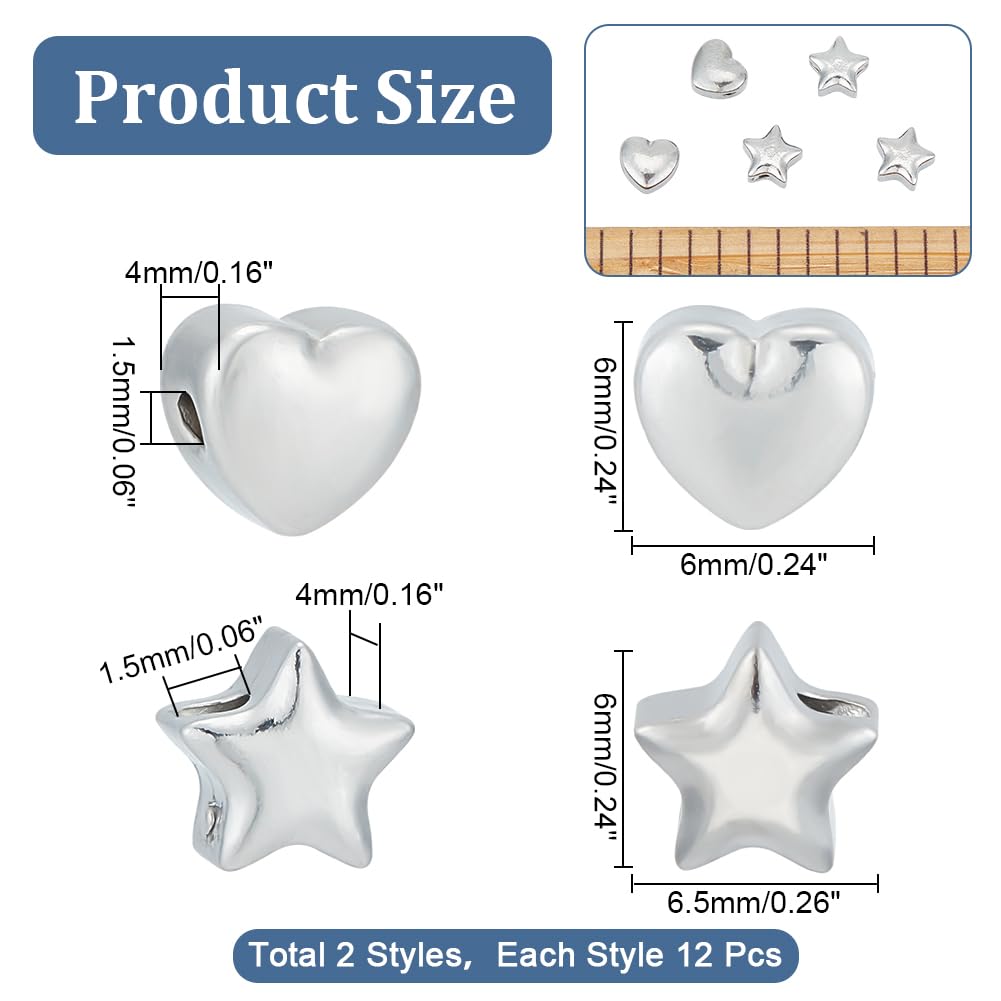 UNICRAFTALE 24Pcs 2 Style Spacer Beads Kit 1.5mm 304 Stainless Steel Cute Beads Metal Star Beads Heart Spacer Beads Small Hole Heart Beads for Bracelets Necklace Jewelry Making