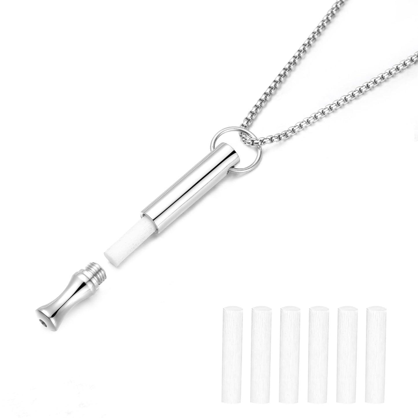 hooppoo Breathing Necklace for Calm & Focus - Personal Essential Oil Diffuser for Anxiety Relief, Quit Smoking, Yoga and Meditation - Reusable Stainless Steel Pendant for Women Men (Silver)