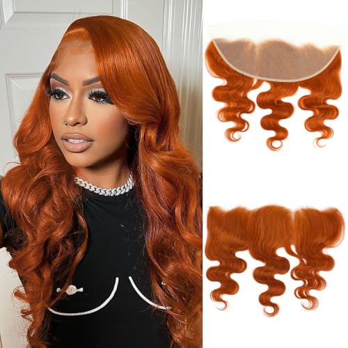 ALHER #350 Ginger Orange Body Wave 13x4 Lace Frontal Human Hair 20 Inch, Copper Orange Colored HD Transparent Lace Frontal Closure Ear to Ear 100% Virgin Remy Human Hair 150% Density