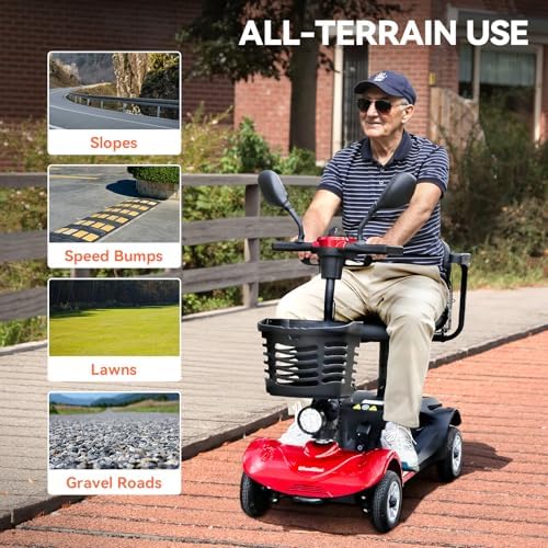 4 Wheel Compact Mobility Scooter for Seniors and Adults,Foldable Electric Scooter, Heavy Duty Travel Model with Lights, Basket, and Long-Lasting Battery (Red)