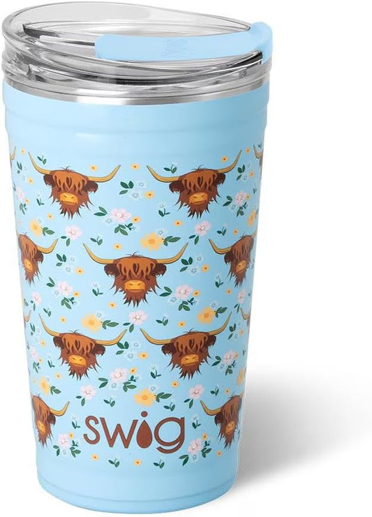 Swig Life 24oz Party Cup, Stackable Insulated Travel Coffee Tumbler with EZ Slider Lid, Cup Holder Friendly, Stainless Steel 24 oz Tumbler, Reusable Coffee Mug (Holy Cow)