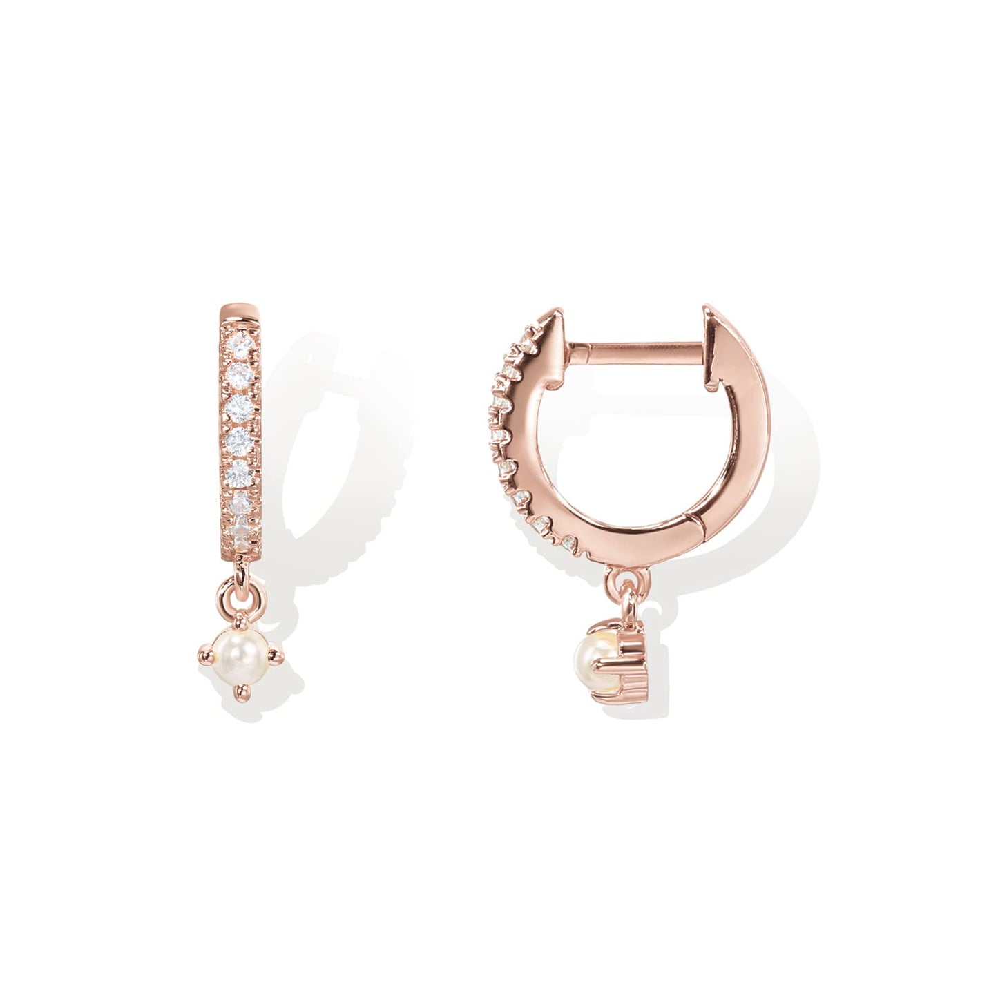 PAVOI 14K Rose Gold Plated 925 Sterling Silver Post Trendy Cubic Zirconia and Pearl Dangle Huggie Earrings for Women - Small Gold Hinged Pearl Huggie Hoop Earrings